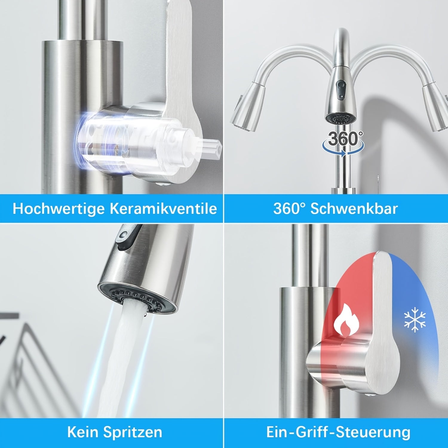 Robinet de cuisine à bec rotatif en acier inoxydable 304, pose 3 trous