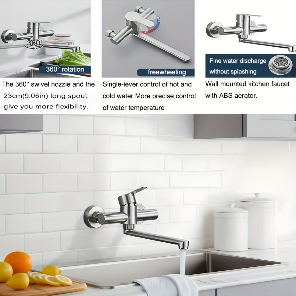 Robinet de cuisine à bec rotatif en acier inoxydable 304, pose mural