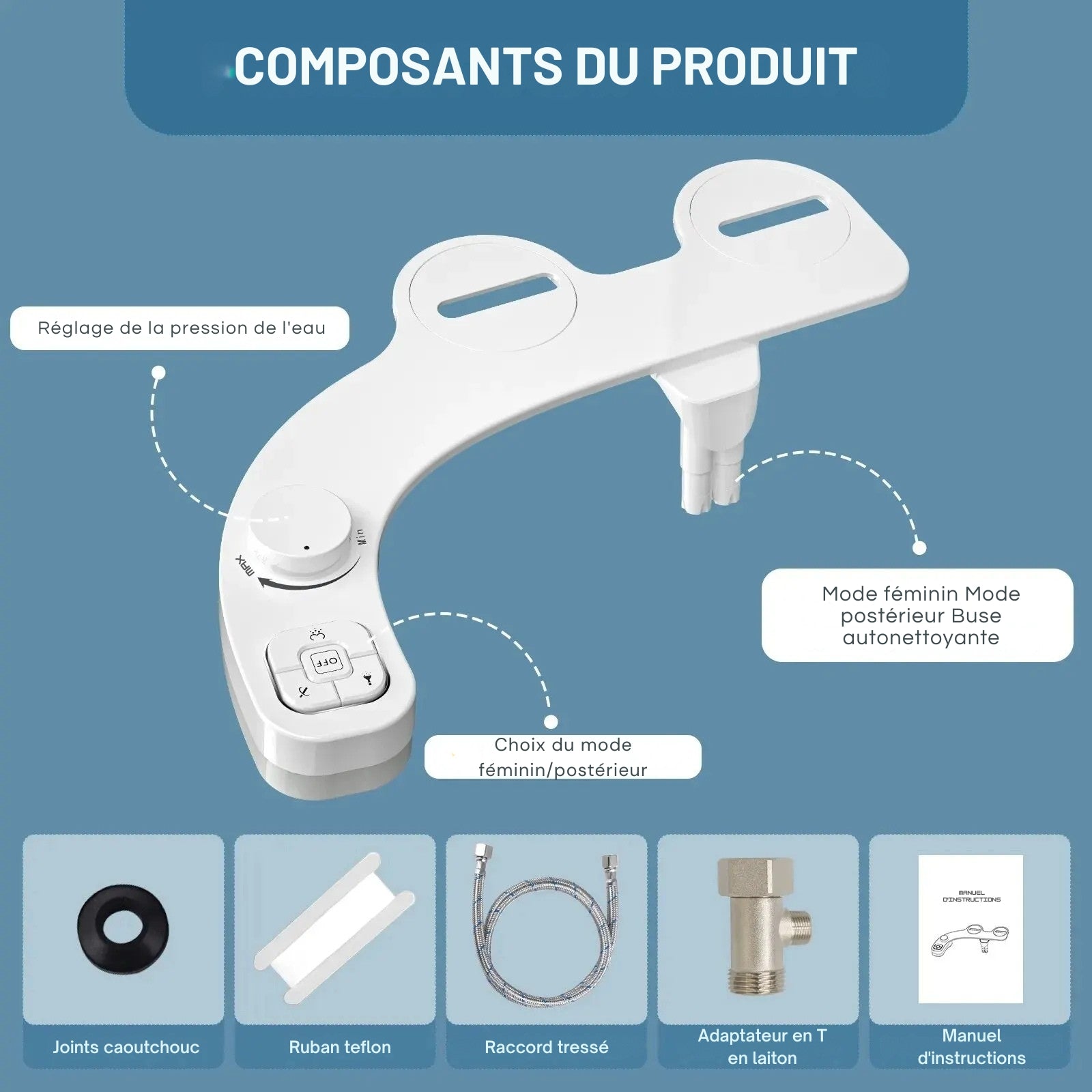 Kit de bidet WC japonais à jet réglable avec double buse et installation universelle