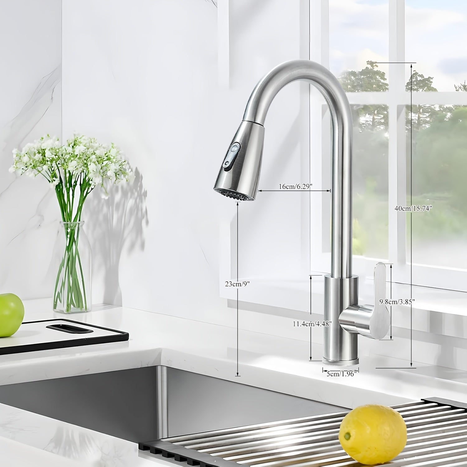 Robinet de cuisine à bec rotatif en acier inoxydable 304, raccord 3/8