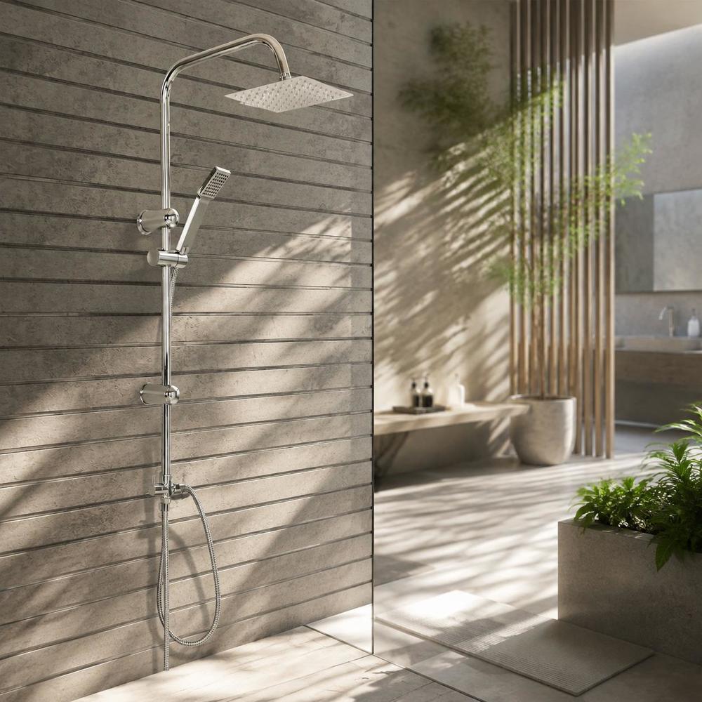 Colonne de douche chrome avec ciel de pluie carré et douchette multi-jets — vue 3