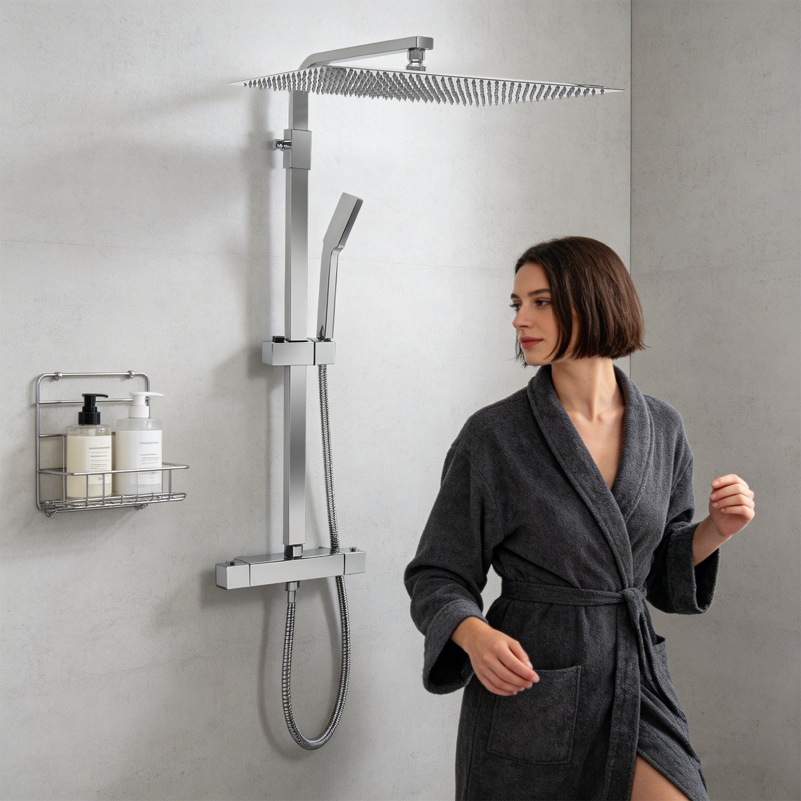 Colonne de douche chromée avec ciel de pluie 33 x 40 cm et thermostat