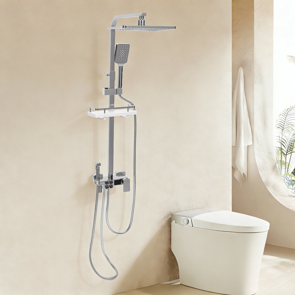 Colonne de douche chromée avec tablette et ciel de pluie carré — vue 2