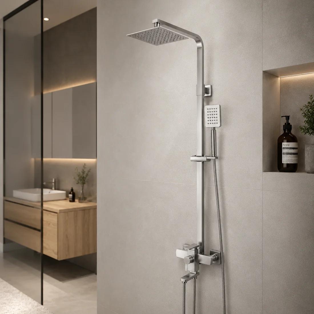 Colonne de douche en inox avec ciel de pluie carré et mitigeur bain
