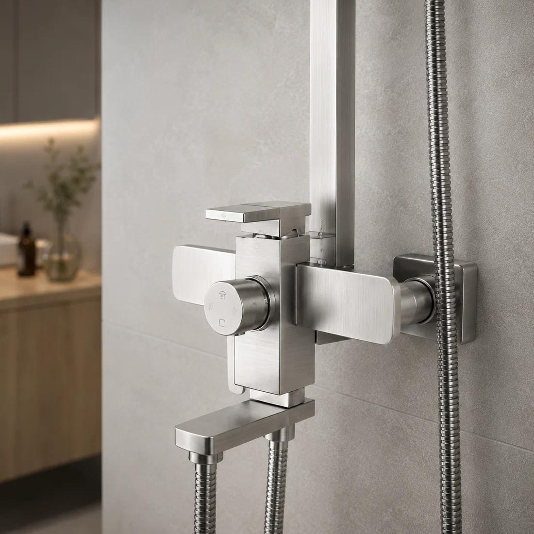 Colonne de douche en inox avec ciel de pluie carré et mitigeur bain — vue 5