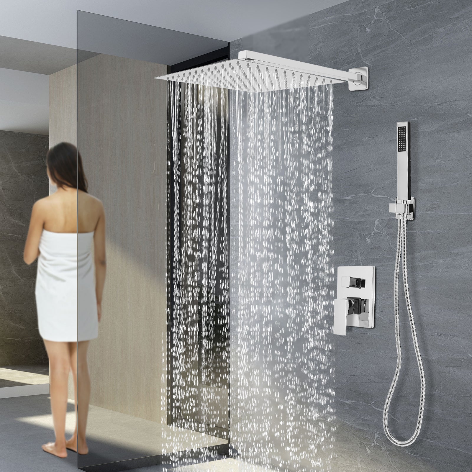 Colonne de douche encastrée chromée avec ciel de pluie 30 cm et douchette — vue 2