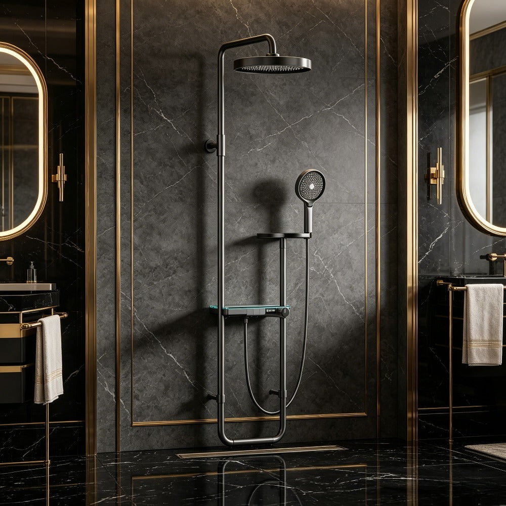 Colonne de douche noire avec tablette en verre et ciel de pluie rond — vue 2