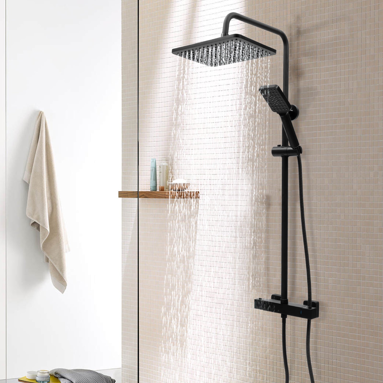 Colonne de douche noire thermostatique avec ciel de pluie carré 30 cm