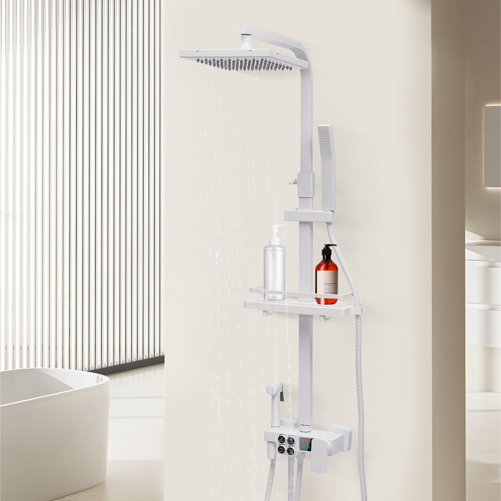 Colonne de douche thermostatique blanche avec tablette et bec de remplissage — vue 3