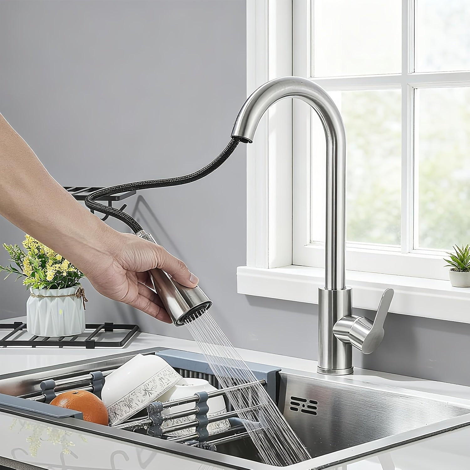 Robinet de cuisine à bec rotatif en acier inoxydable 304, pose 3 trous