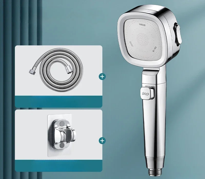 Douchette de douche 3 modes avec bouton d'arrêt et cartouche filtrante — Chromée, avec flexible et support