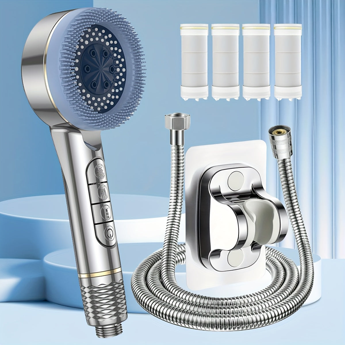 Douchette filtrante 4 modes avec brosse de massage et 4 cartouches — Inox brossé