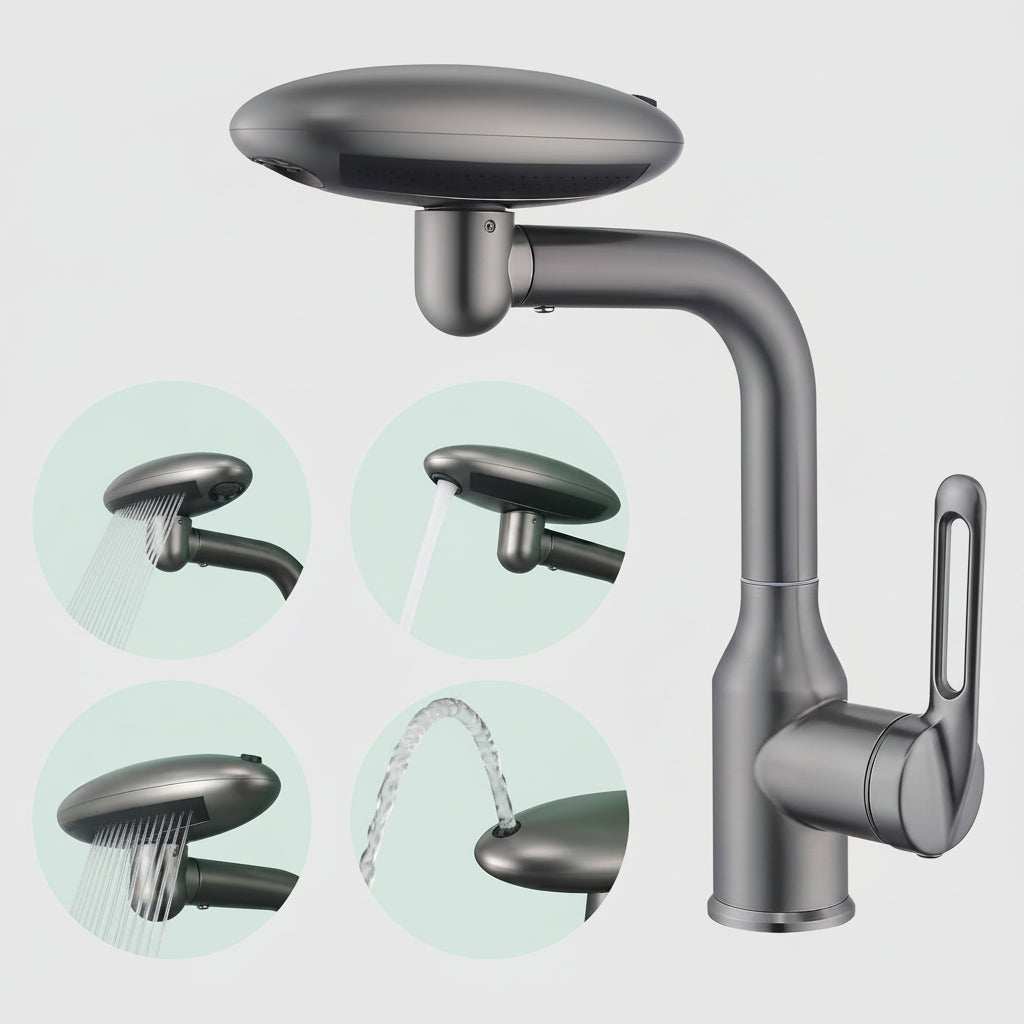 Mitigeur de lavabo à tête rotative et 4 modes de jet — Gris