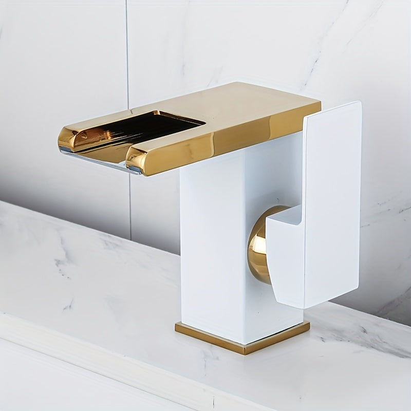 Mitigeur de lavabo cascade au corps en U ajouré — Blanc et or