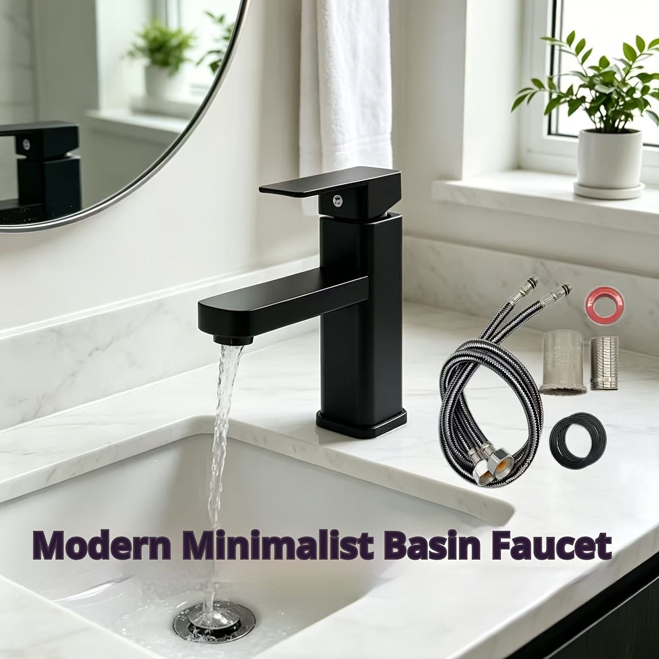 Mitigeur de lavabo noir mat minimaliste avec flexibles fournis — vue 3