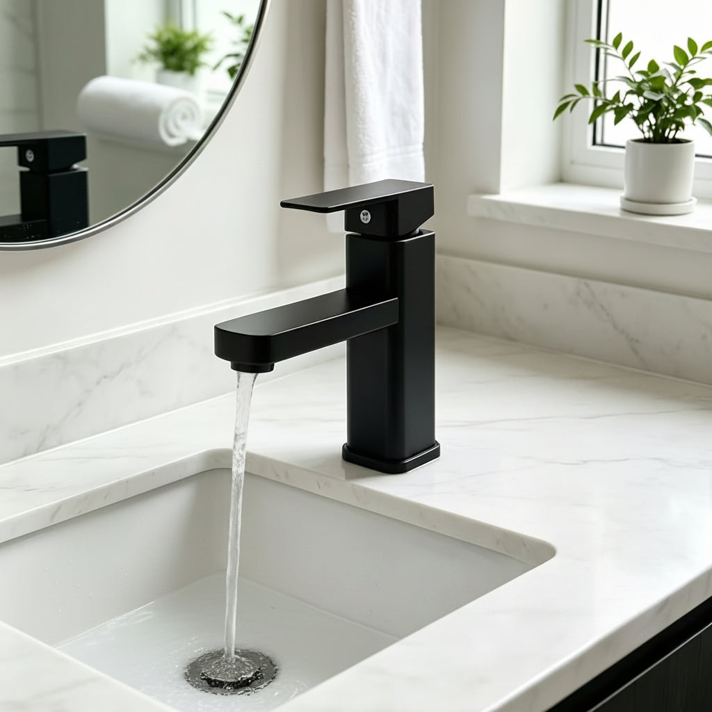 Mitigeur de lavabo noir mat minimaliste avec flexibles fournis — vue 3