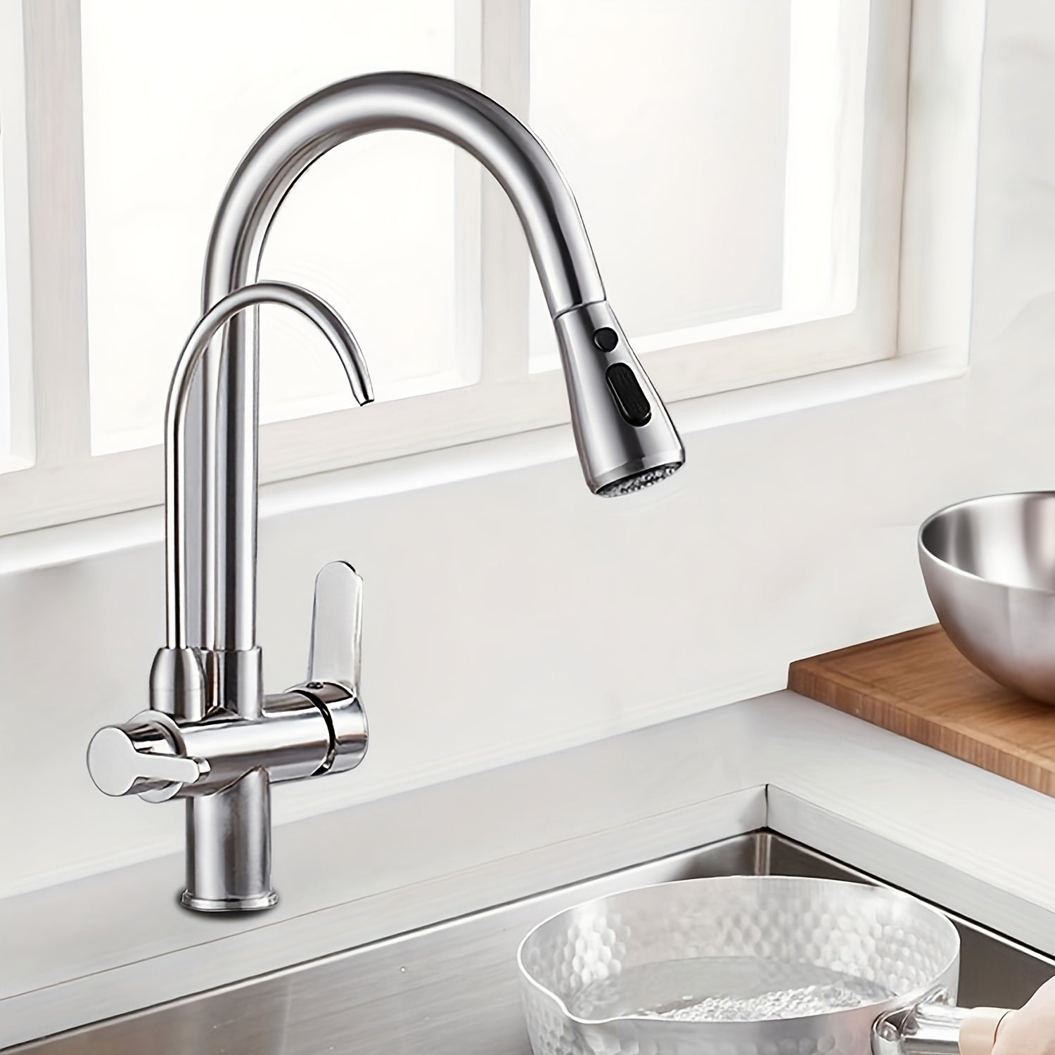 Robinet de cuisine 3 en 1 avec douchette extractible et eau filtrée — Chromé