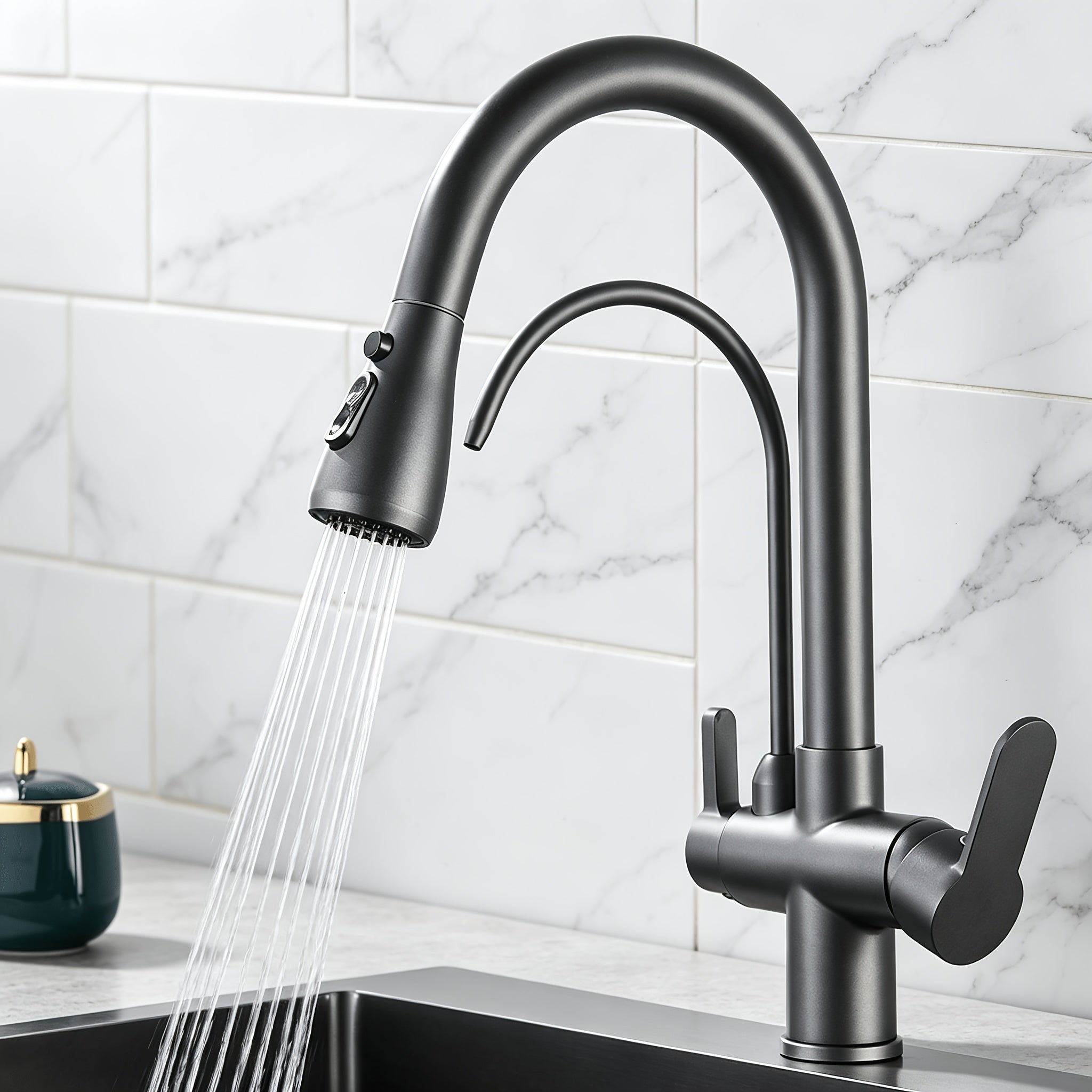 Robinet de cuisine 3 voies gris anthracite avec douchette extractible — vue 3