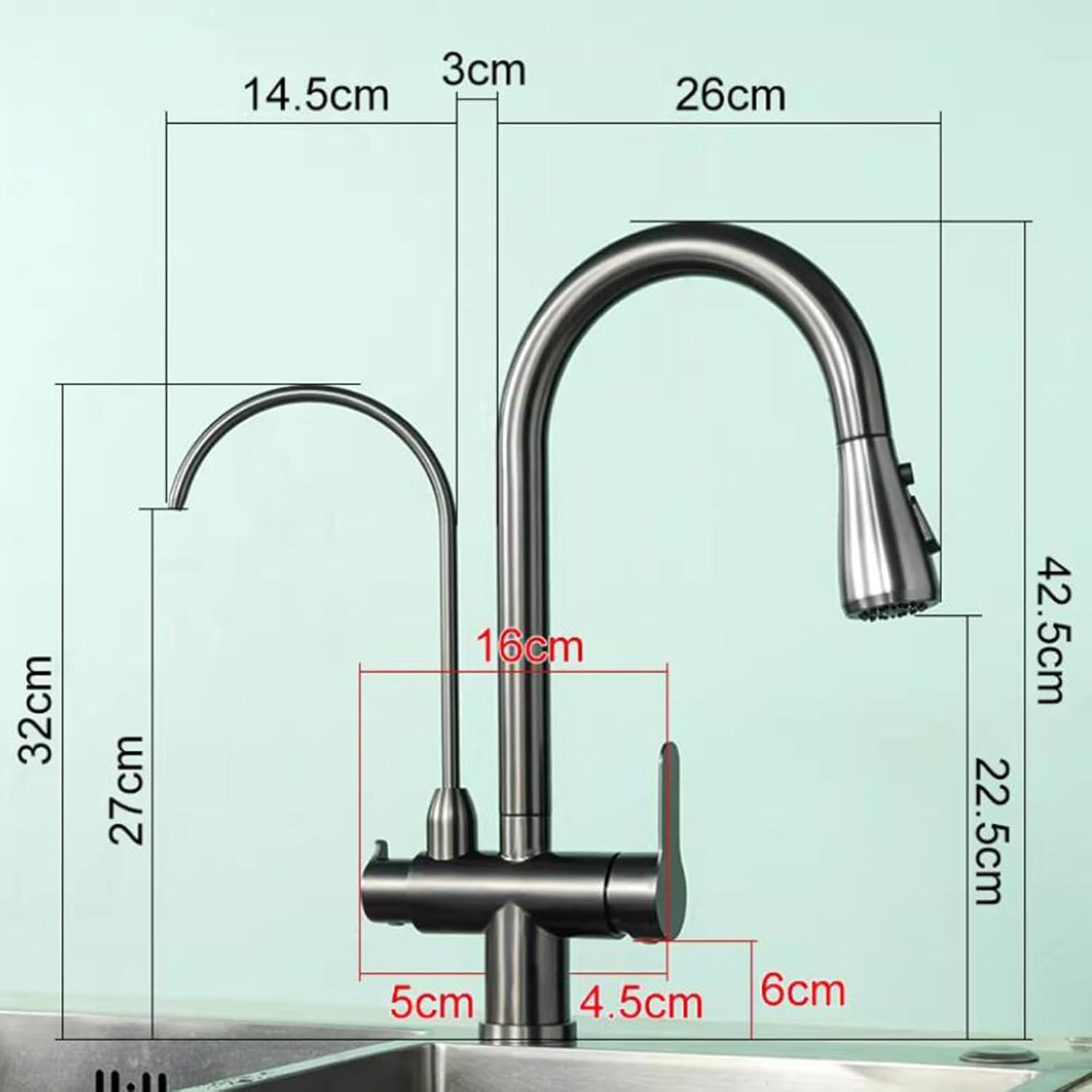 Robinet de cuisine 3 voies gris anthracite avec douchette extractible — vue 5