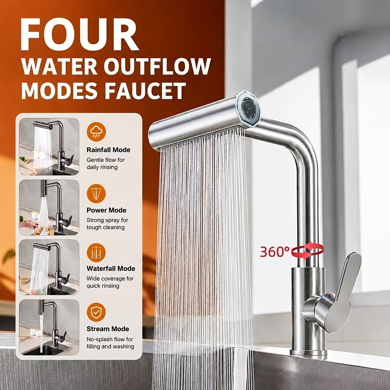 Robinet de cuisine à 4 modes de jet et rotation 360° — Inox brossé