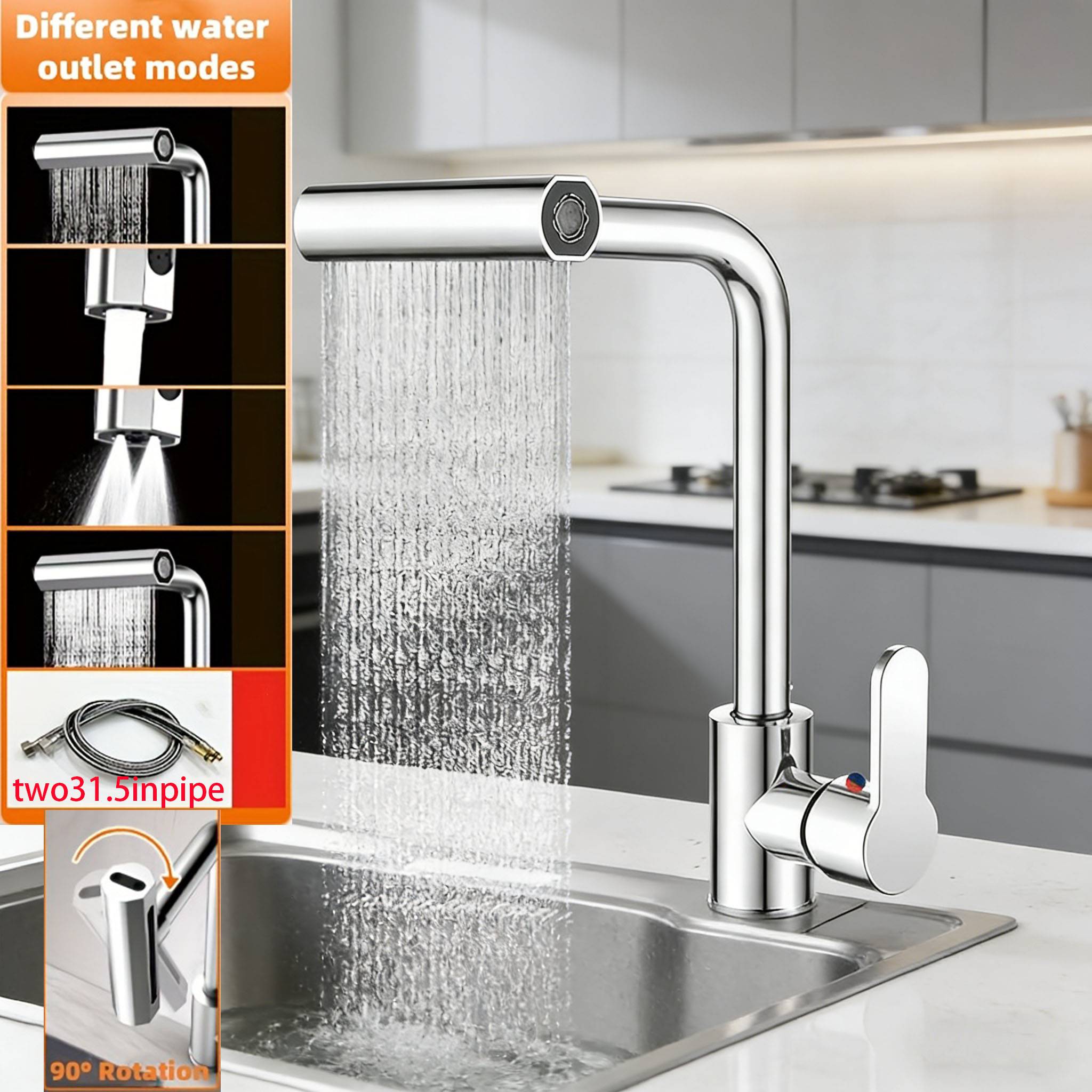 Robinet de cuisine cascade à plusieurs jets et rotation 90° — vue 3