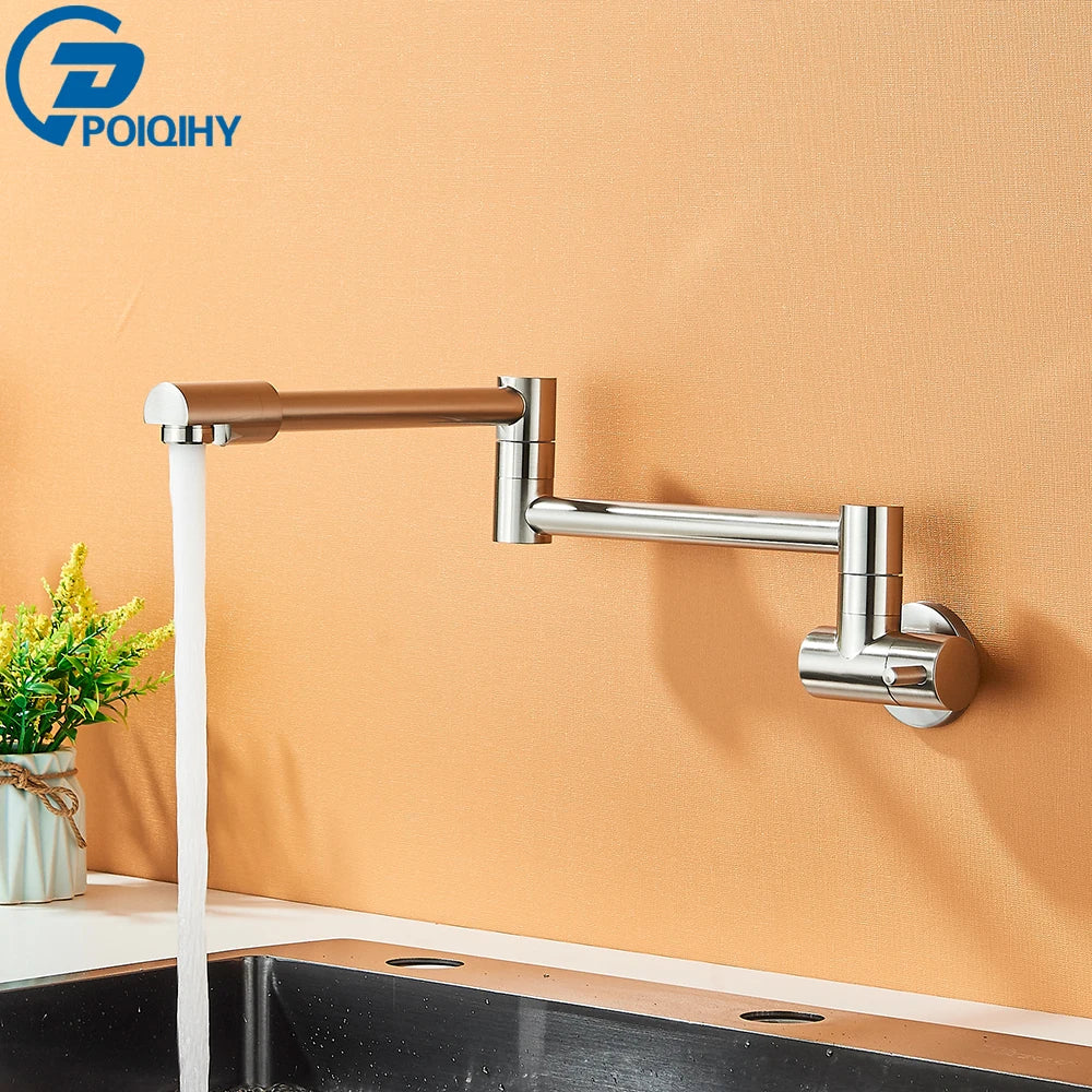 Robinet de cuisine mural pliant eau froide, doré, inox ou chromé — Chromé, bras long