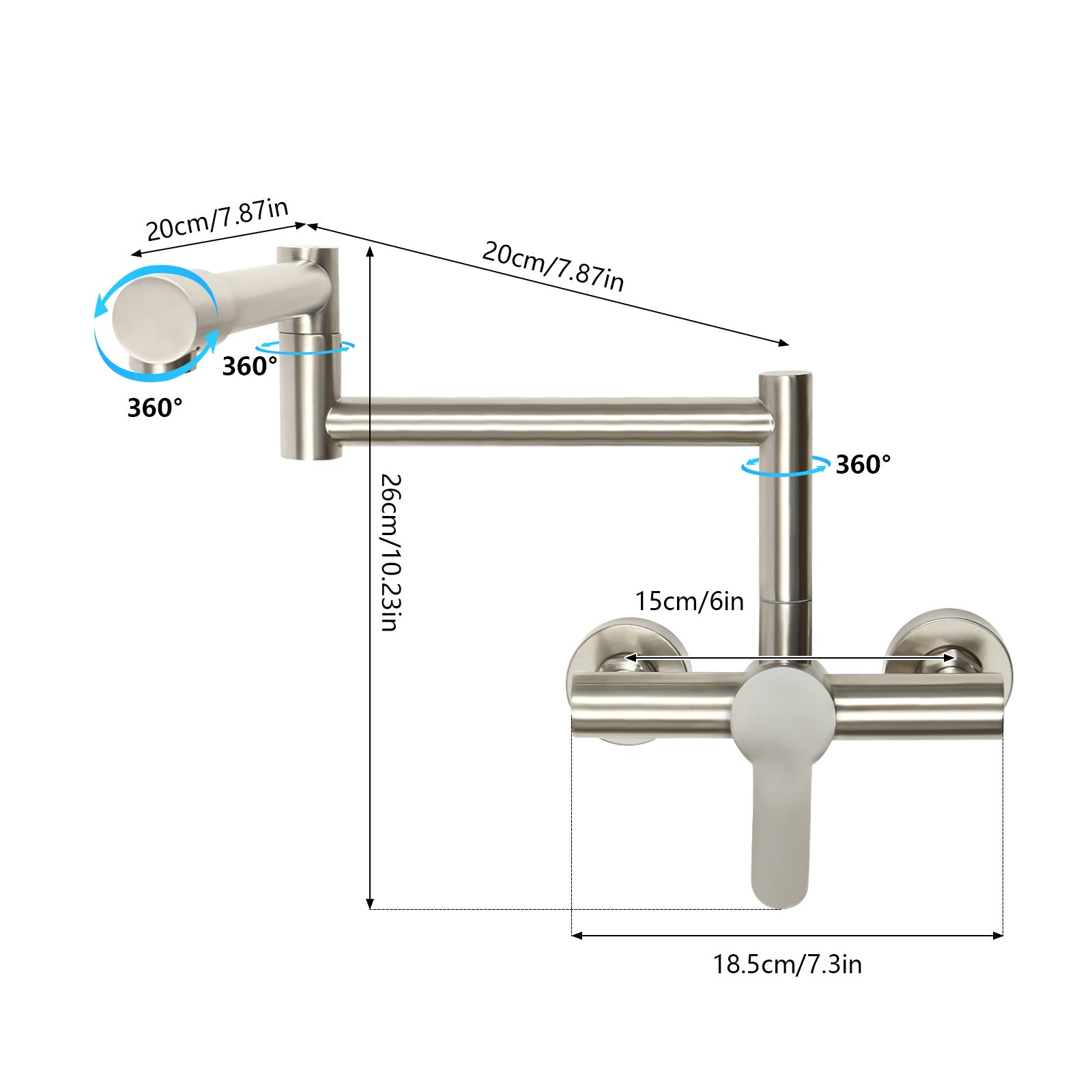 Robinet de cuisine mural pliant en inox brossé à une manette