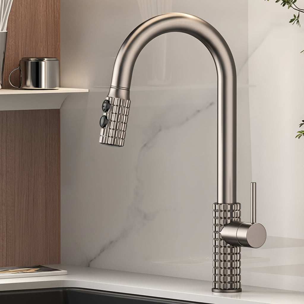 Robinet de cuisine strié à douchette extractible et deux modes de jet — Gris anthracite