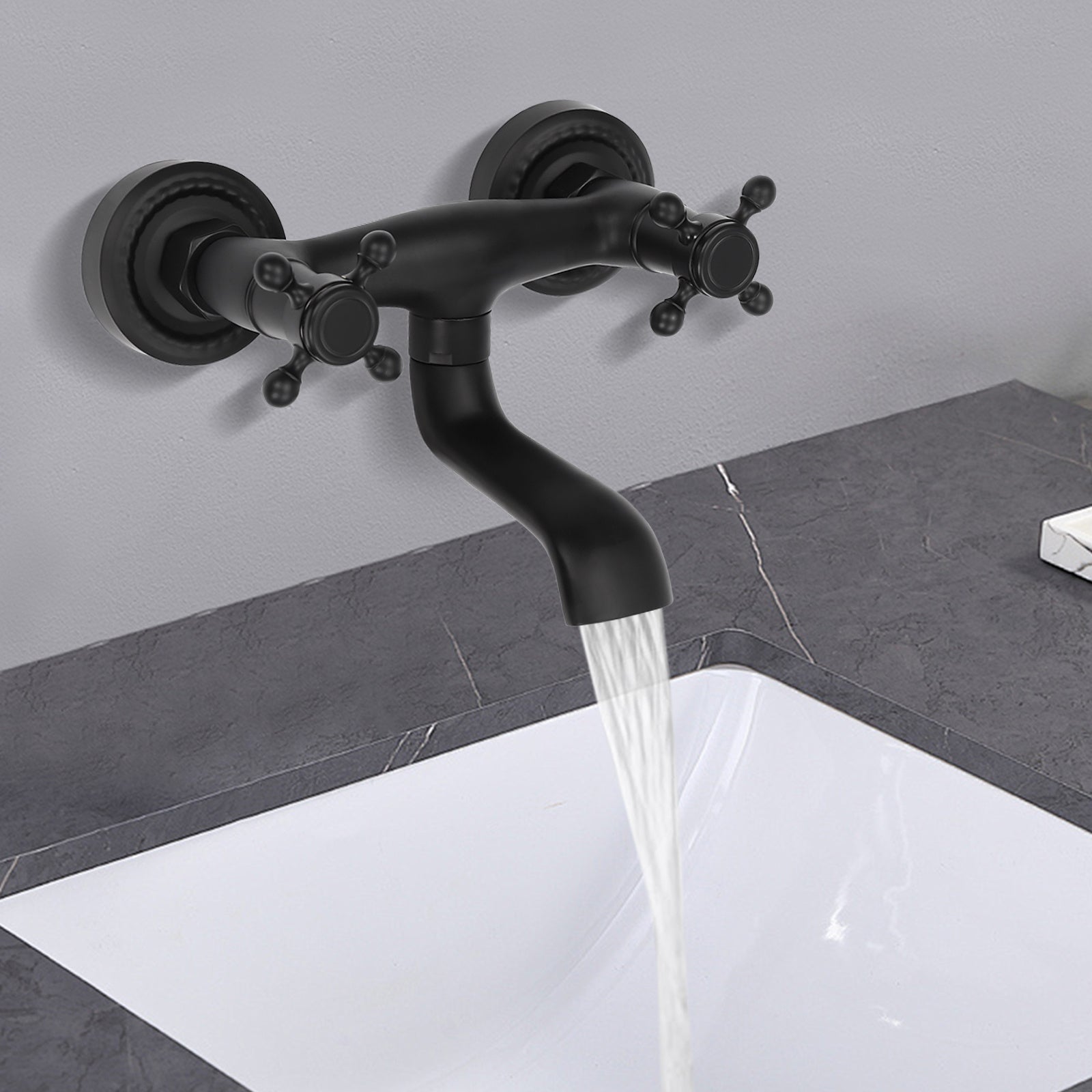 Robinet de lavabo mural rétro noir à croisillons