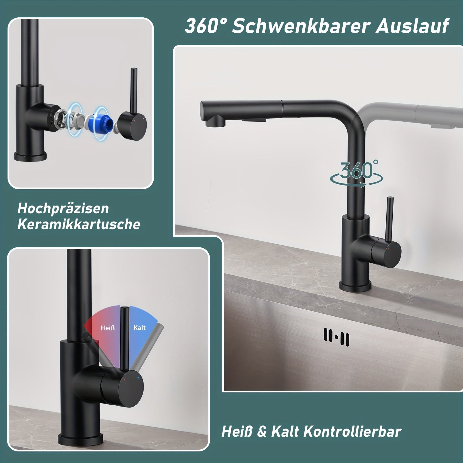 Robinet de cuisine à bec rotatif en acier inoxydable 304, raccord 3/8