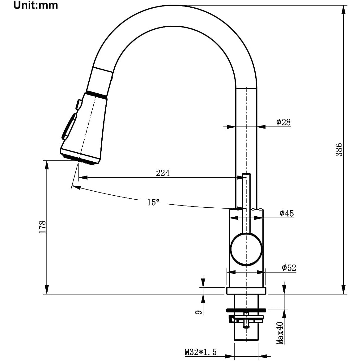 Douchette à douchette extractible en acier inoxydable 304, raccord 1/2