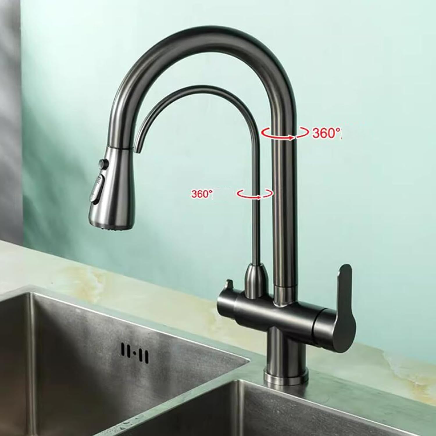 Robinet de cuisine à douchette extractible en acier inoxydable 304, acier inoxydable 304