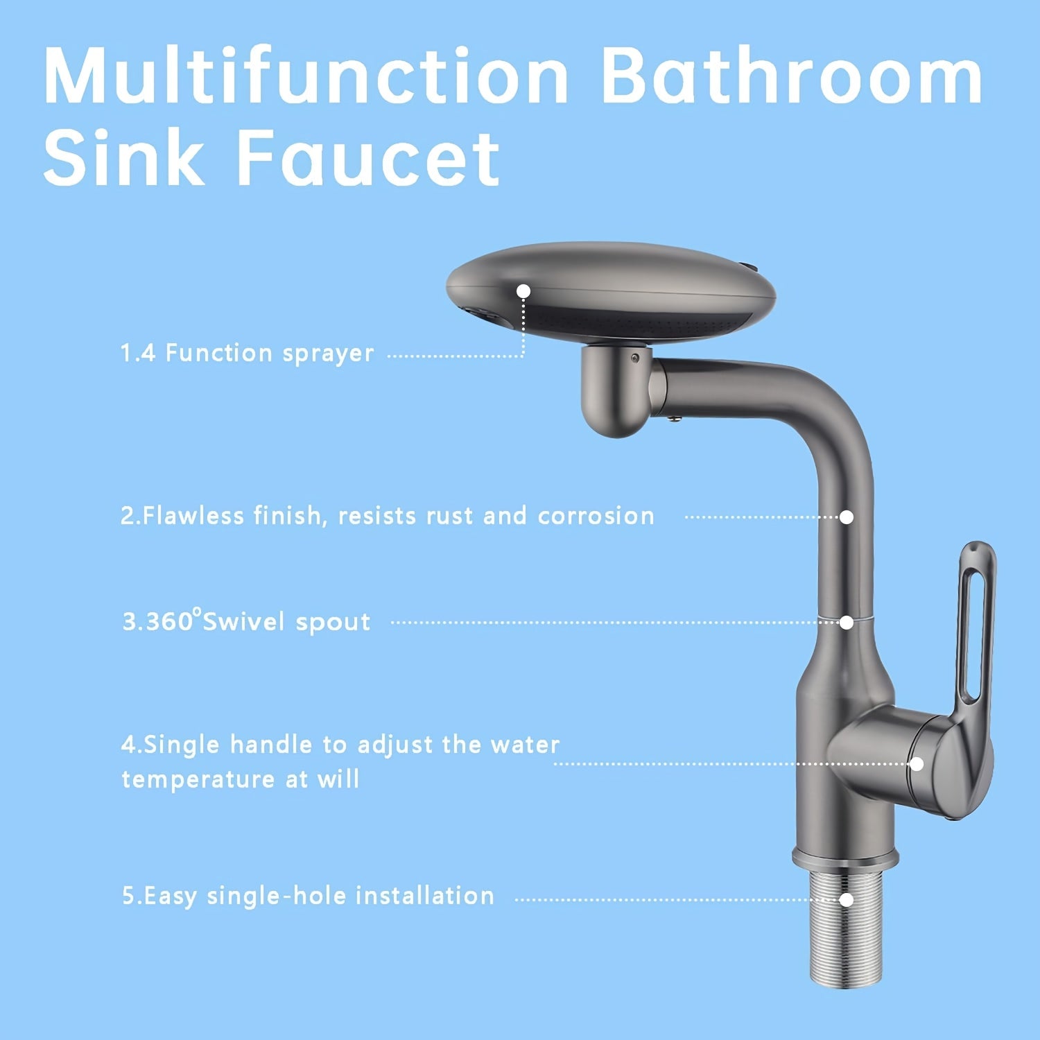 Robinet de lavabo à bec rotatif en acier inoxydable 304, raccord 3/8