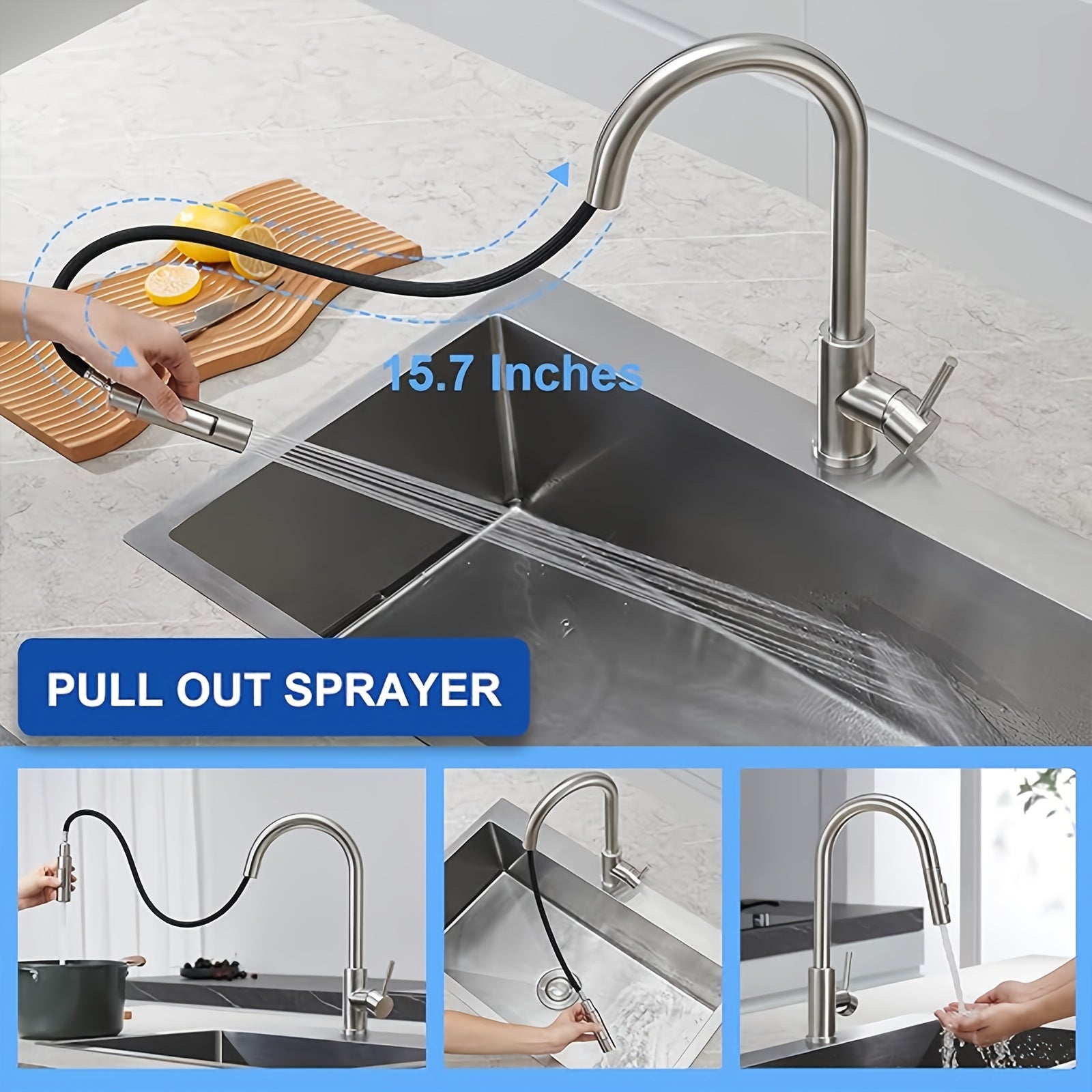 Mitigeur de cuisine à douchette extractible en acier inoxydable, acier inoxydable