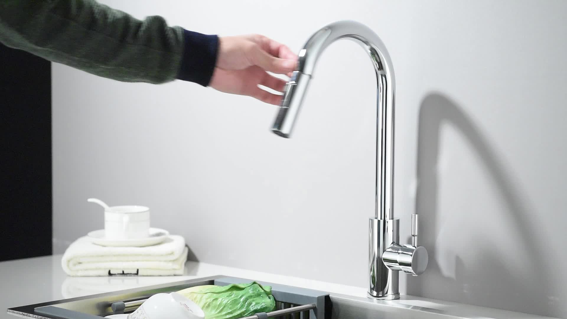Mitigeur de cuisine à douchette extractible en acier inoxydable, raccord 3/8