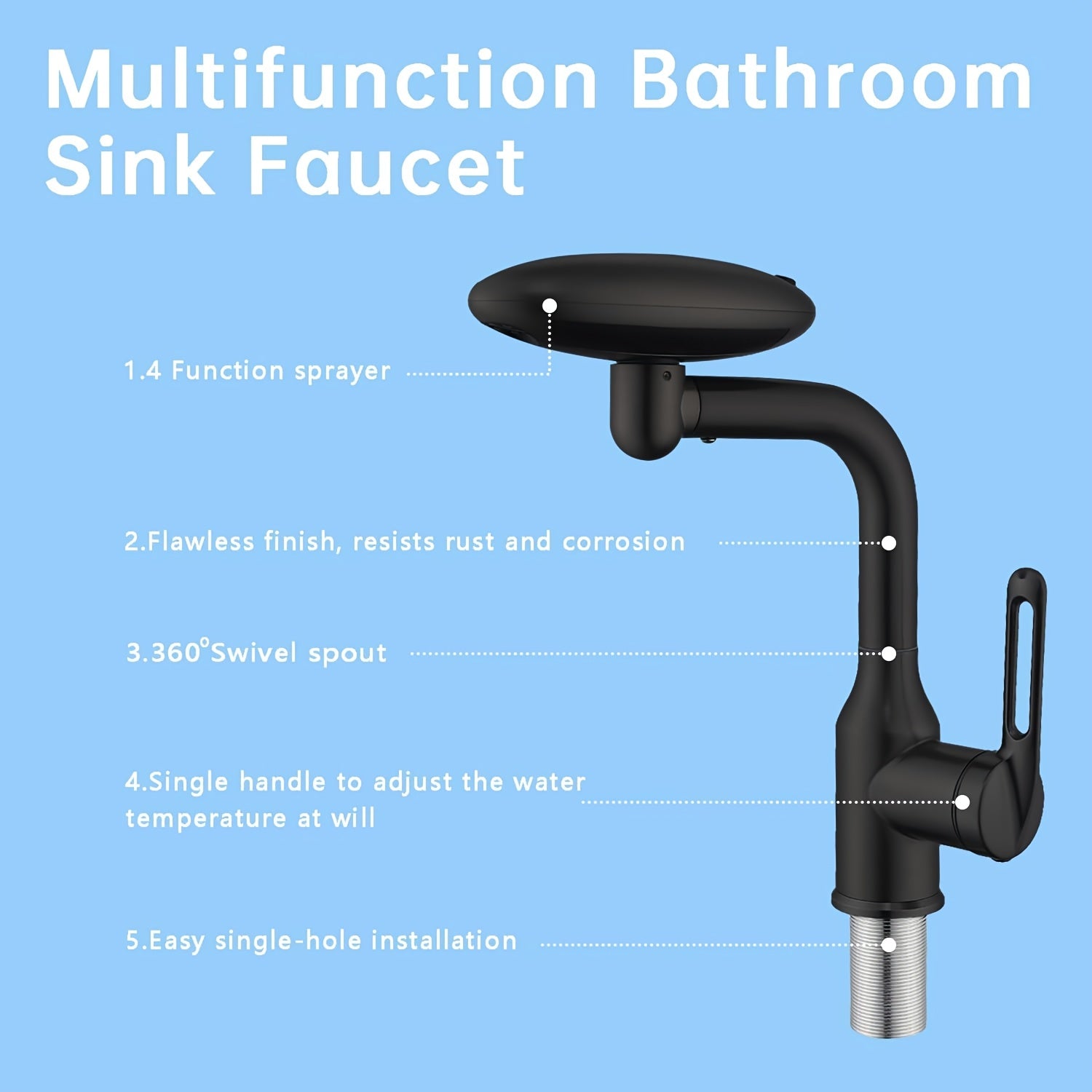 Robinet de lavabo à bec rotatif en acier inoxydable 304, acier inoxydable 304