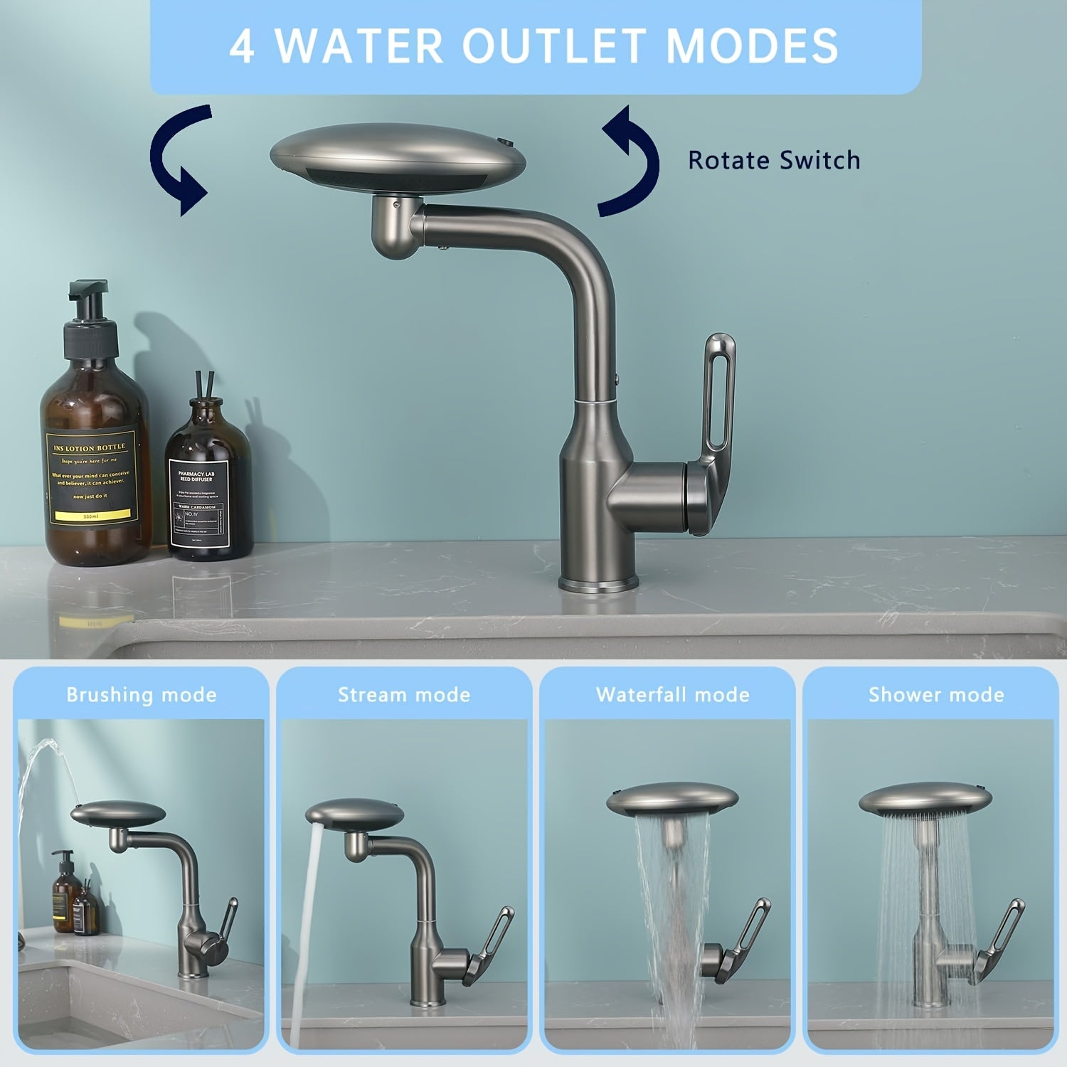 Robinet de lavabo à bec rotatif en acier inoxydable 304, pose 3 trous