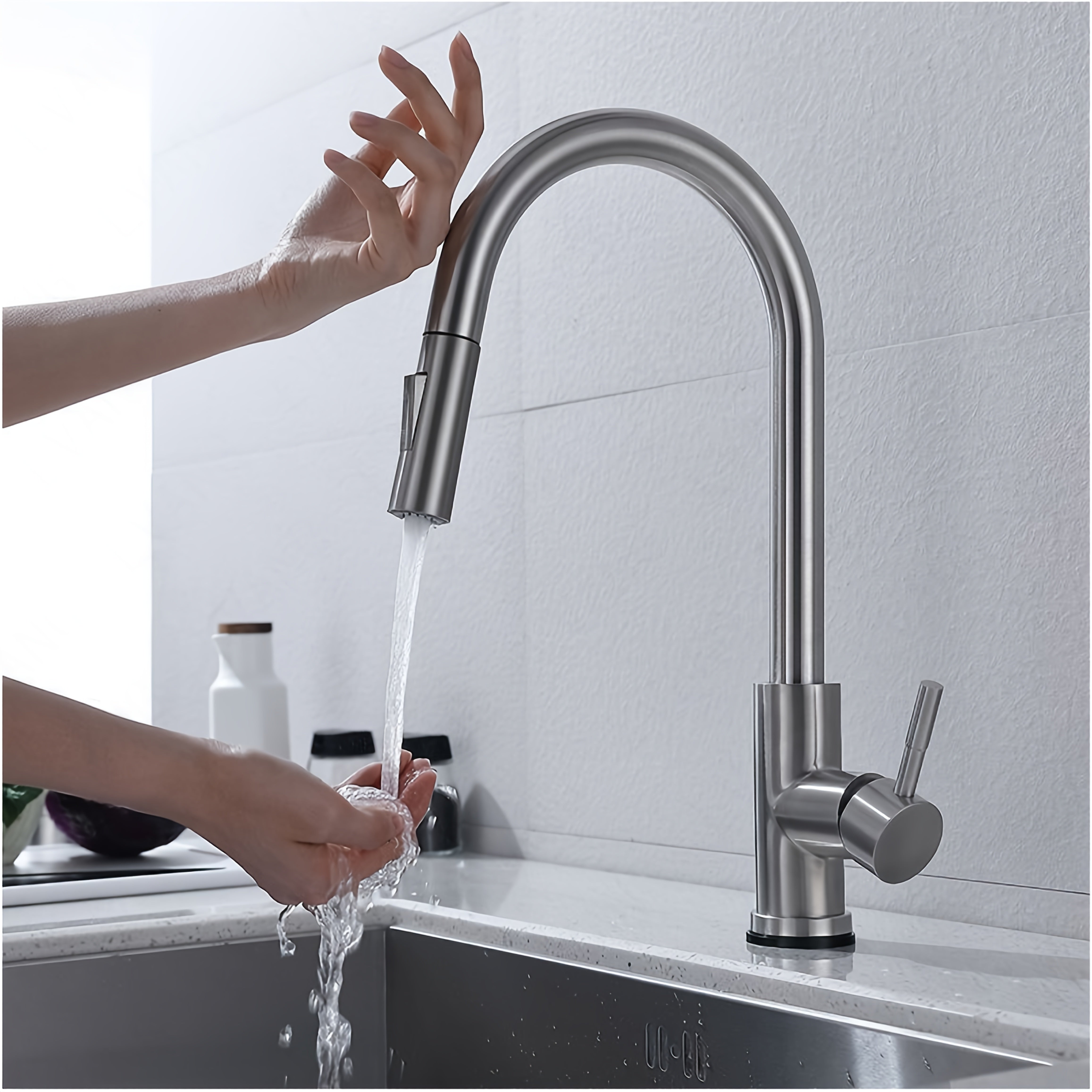 Mitigeur de cuisine à bec rotatif en acier inoxydable, raccord 3/8
