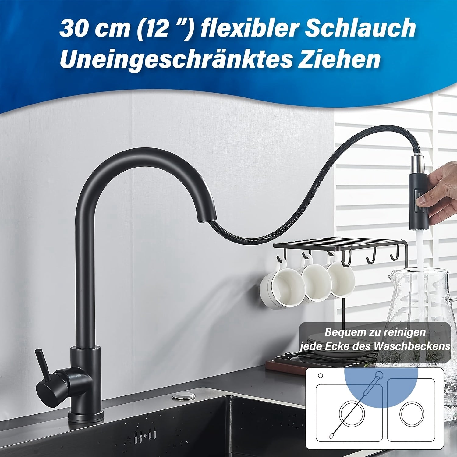 Mélangeur de cuisine à douchette extractible en acier inoxydable 304, raccord 1/2