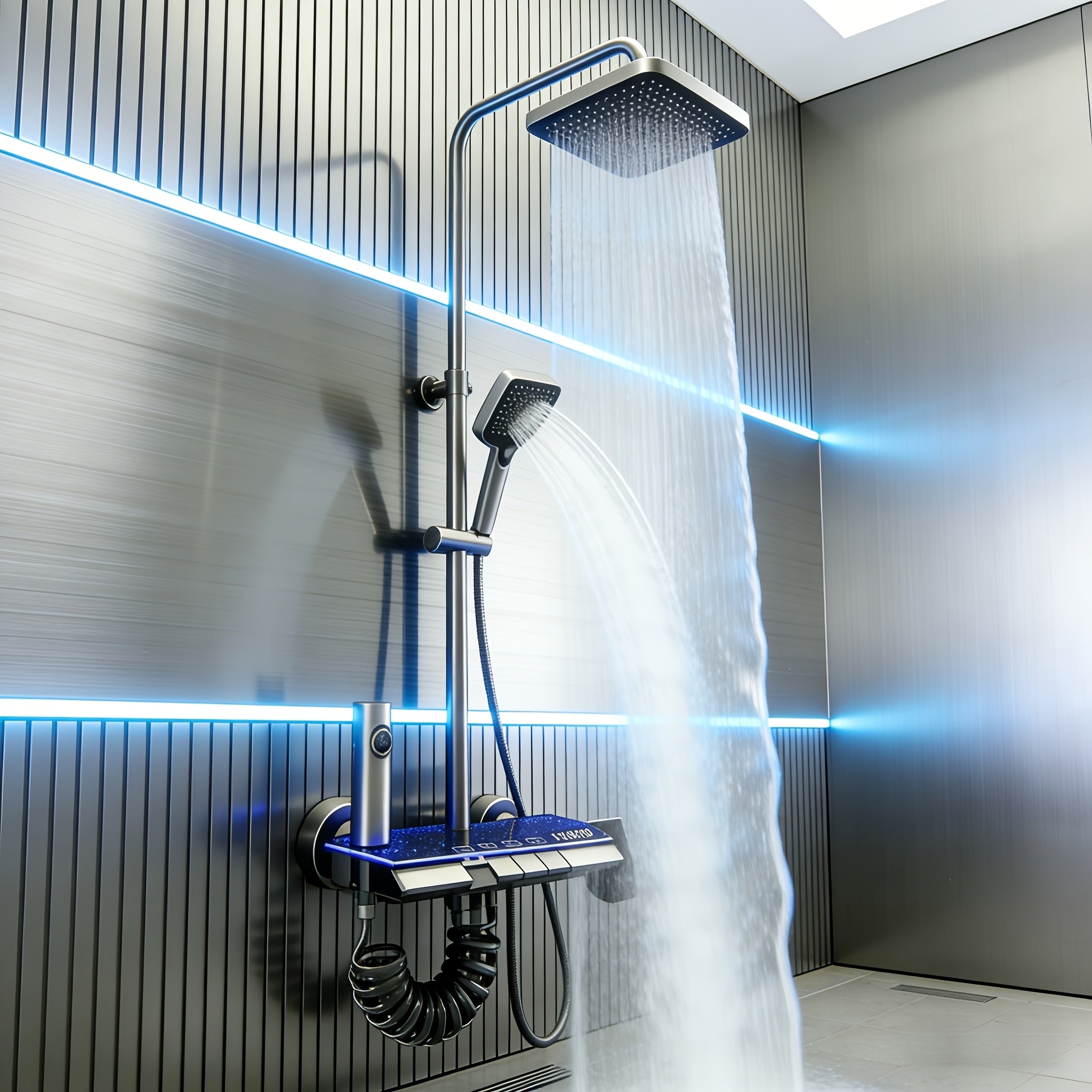 Colonne de douche à cascade avec tablette lumineuse LED et écran digital — vue 3