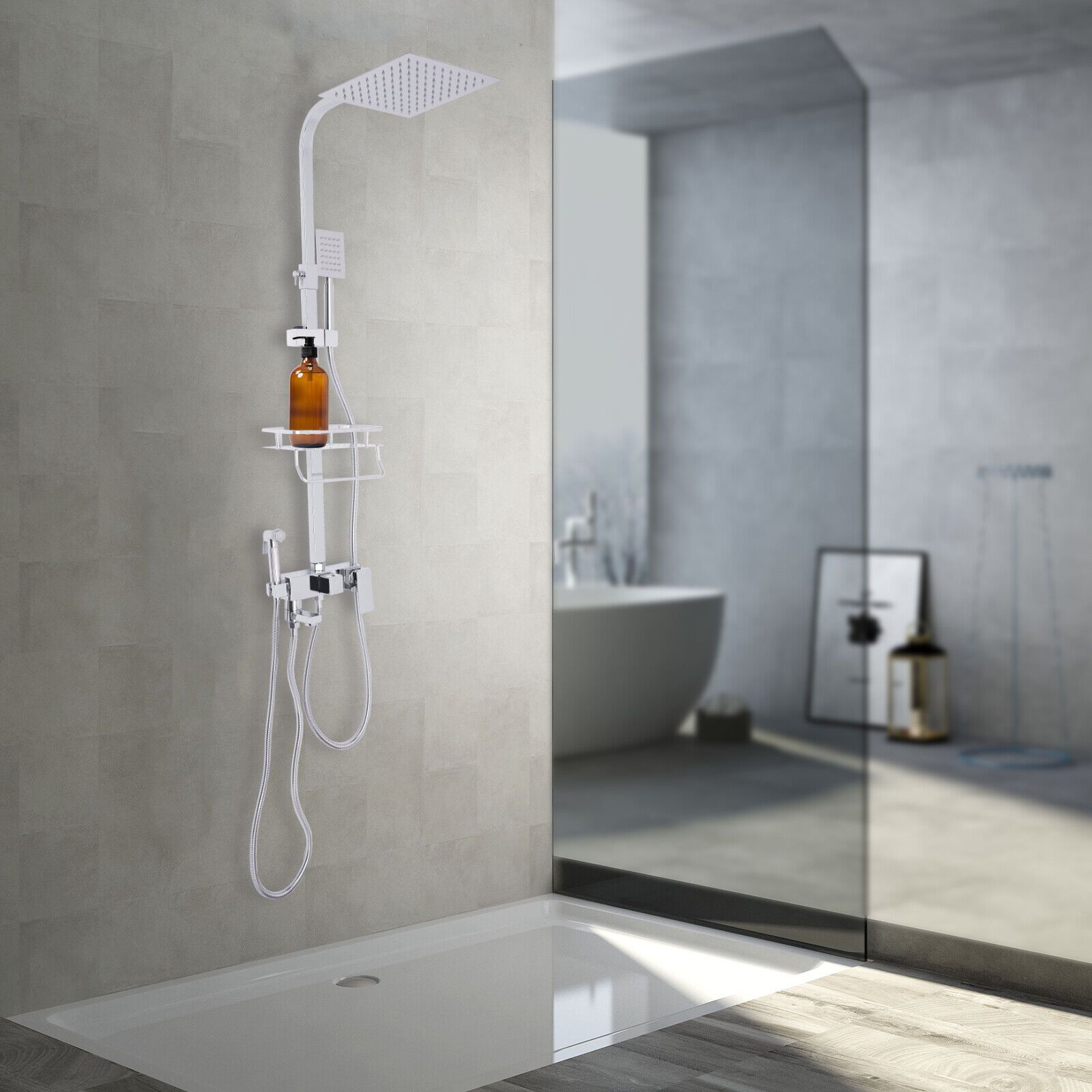 Colonne de douche carrée en inox blanc avec panier de rangement — vue 2