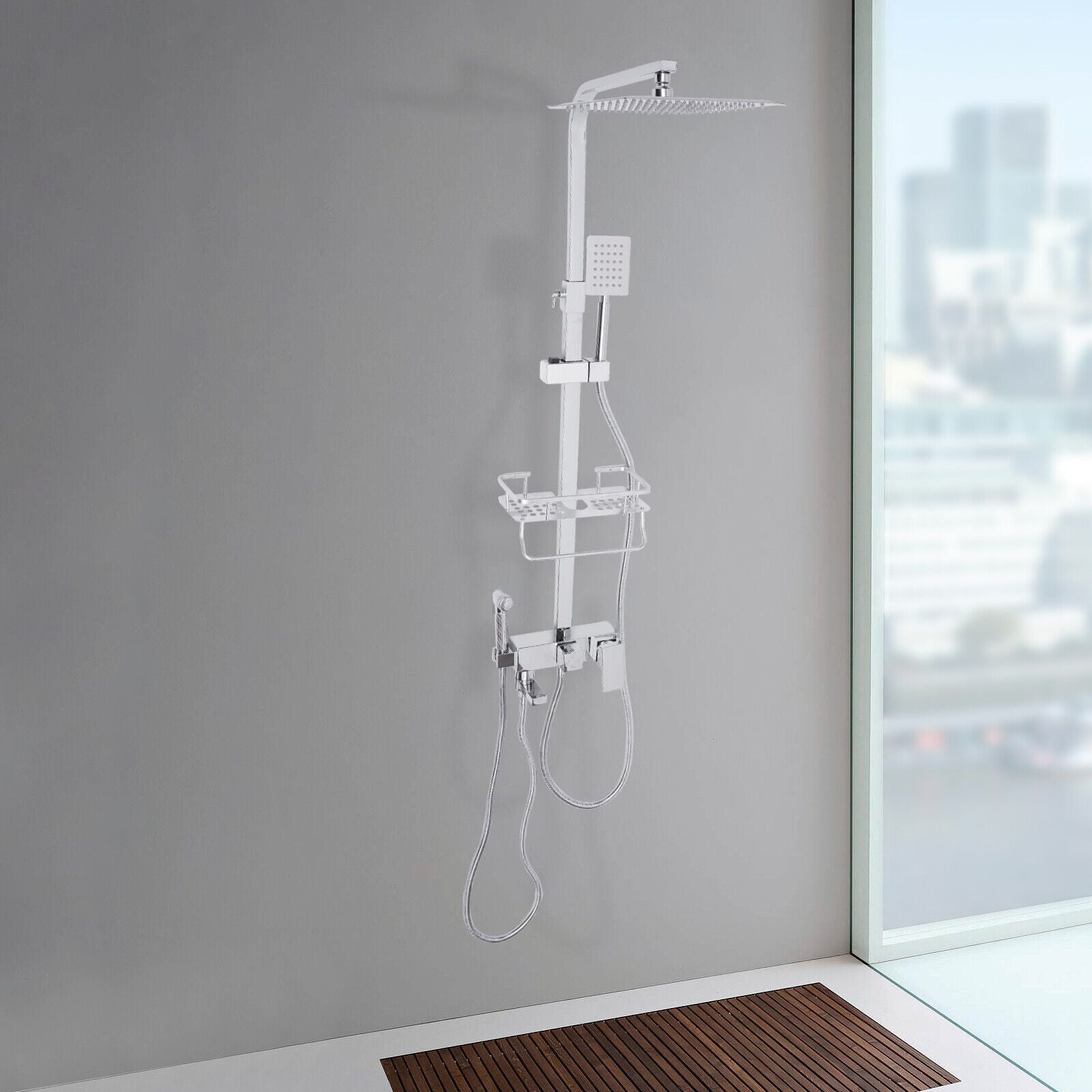 Colonne de douche carrée en inox blanc avec panier de rangement — vue 3