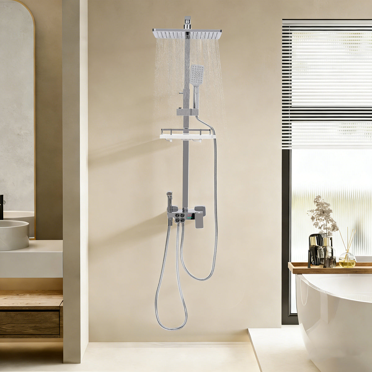 Colonne de douche chromée avec tablette et ciel de pluie carré — vue 3