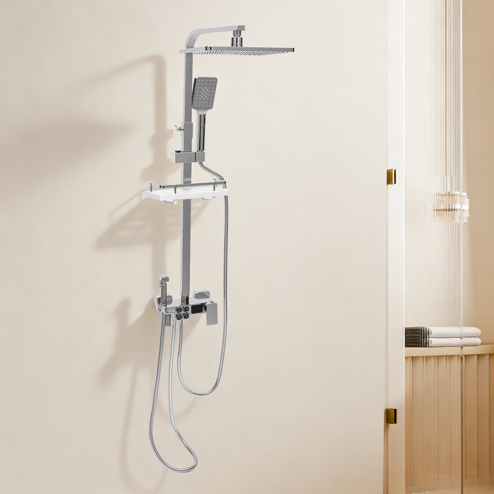 Colonne de douche chromée avec tablette et ciel de pluie carré — vue 6