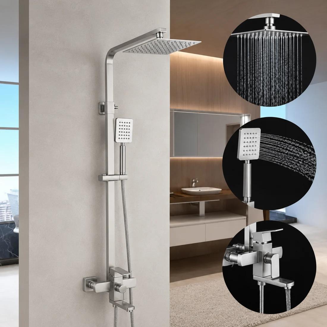Colonne de douche en inox avec ciel de pluie carré et mitigeur bain — vue 2
