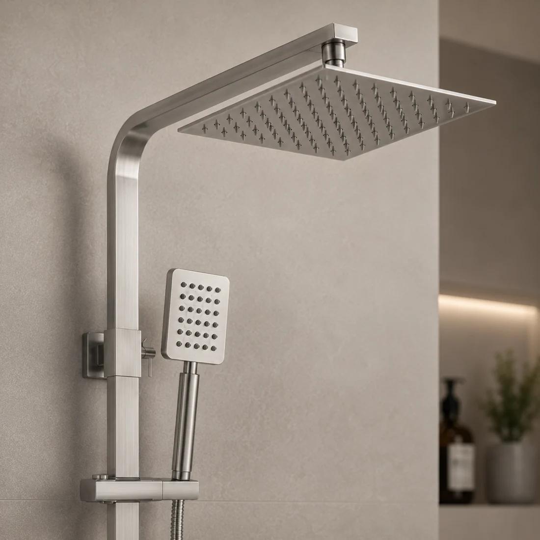 Colonne de douche en inox avec ciel de pluie carré et mitigeur bain — vue 4