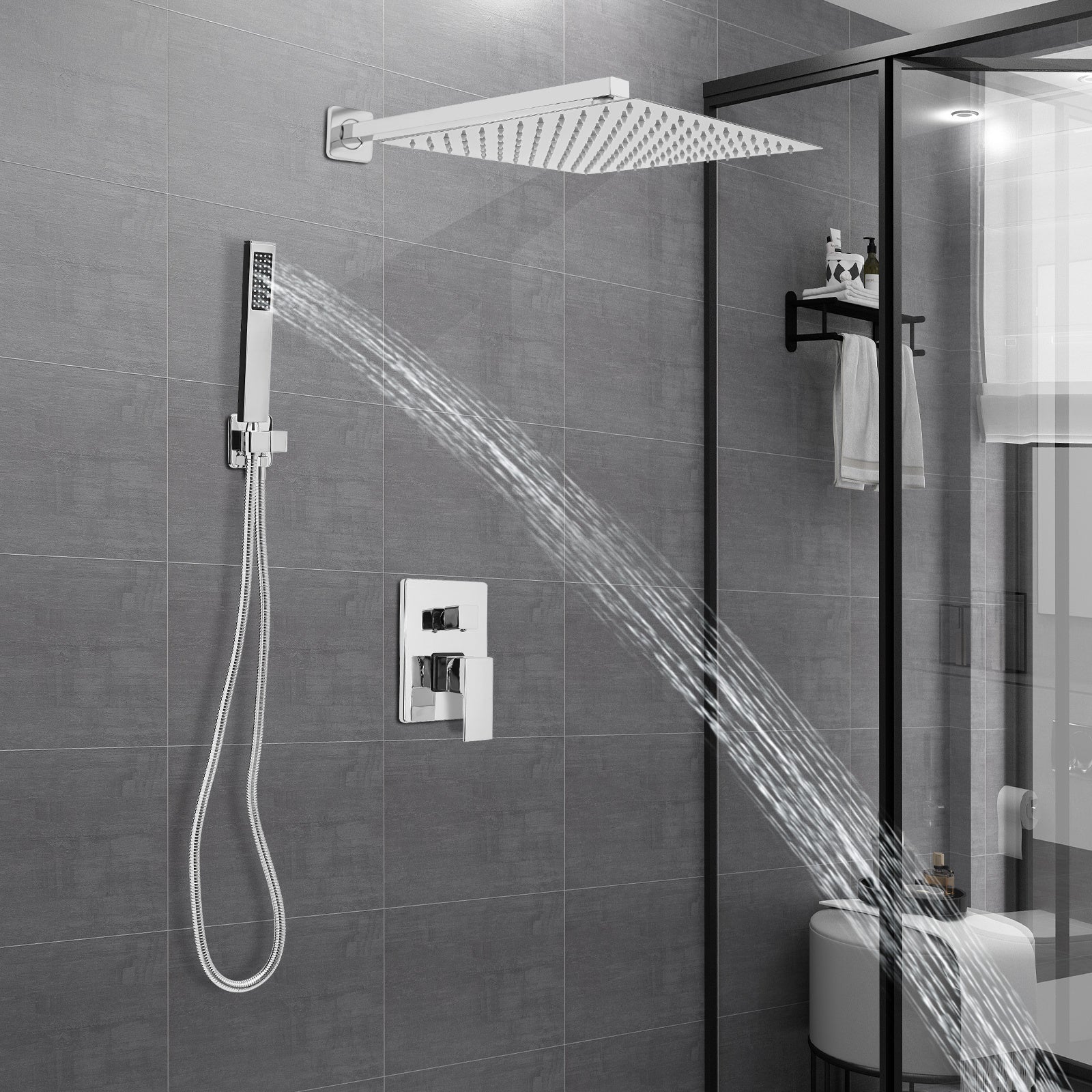 Colonne de douche encastrée chromée avec ciel de pluie 30 cm et douchette