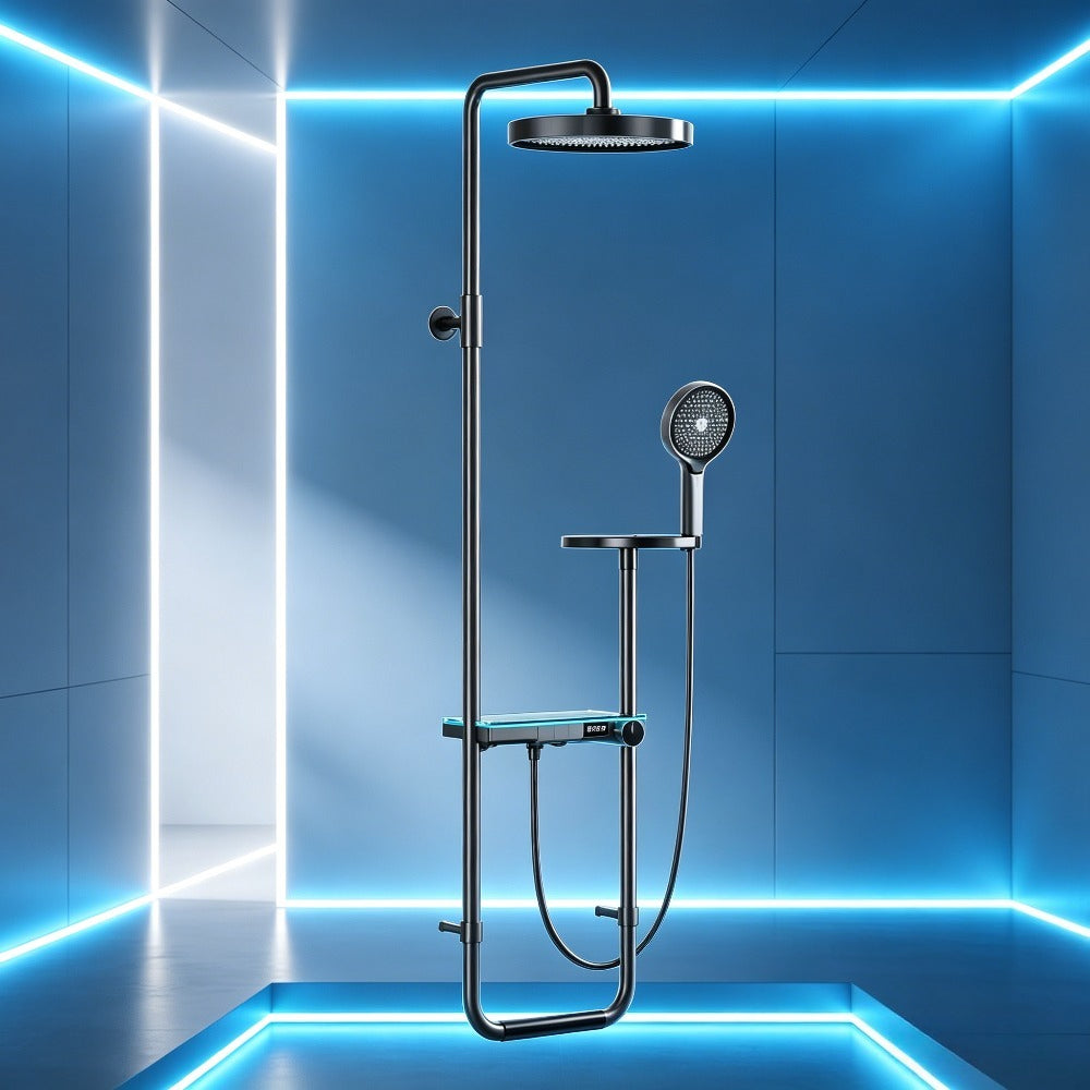 Colonne de douche noire avec tablette en verre et ciel de pluie rond
