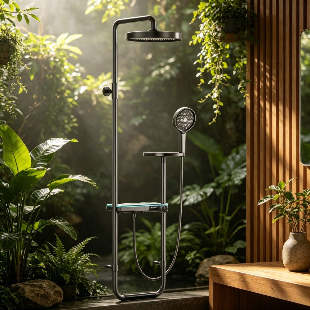 Colonne de douche noire avec tablette en verre et ciel de pluie rond — vue 4