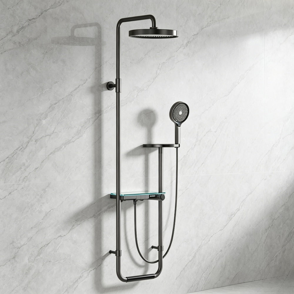 Colonne de douche noire avec tablette en verre et ciel de pluie rond — vue 5
